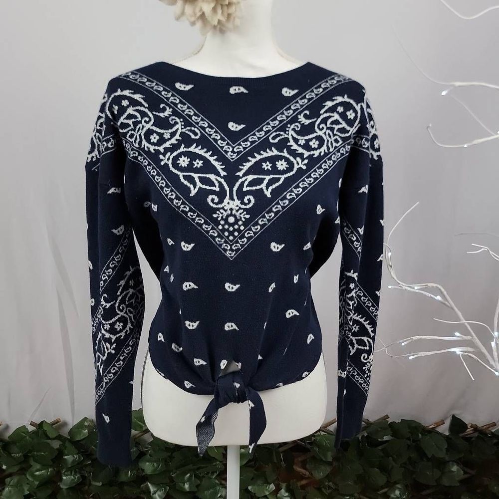 Lucky Brand Sweater Bandana Intarsia Paisley Tie Front Women's [SIZE SMALL]